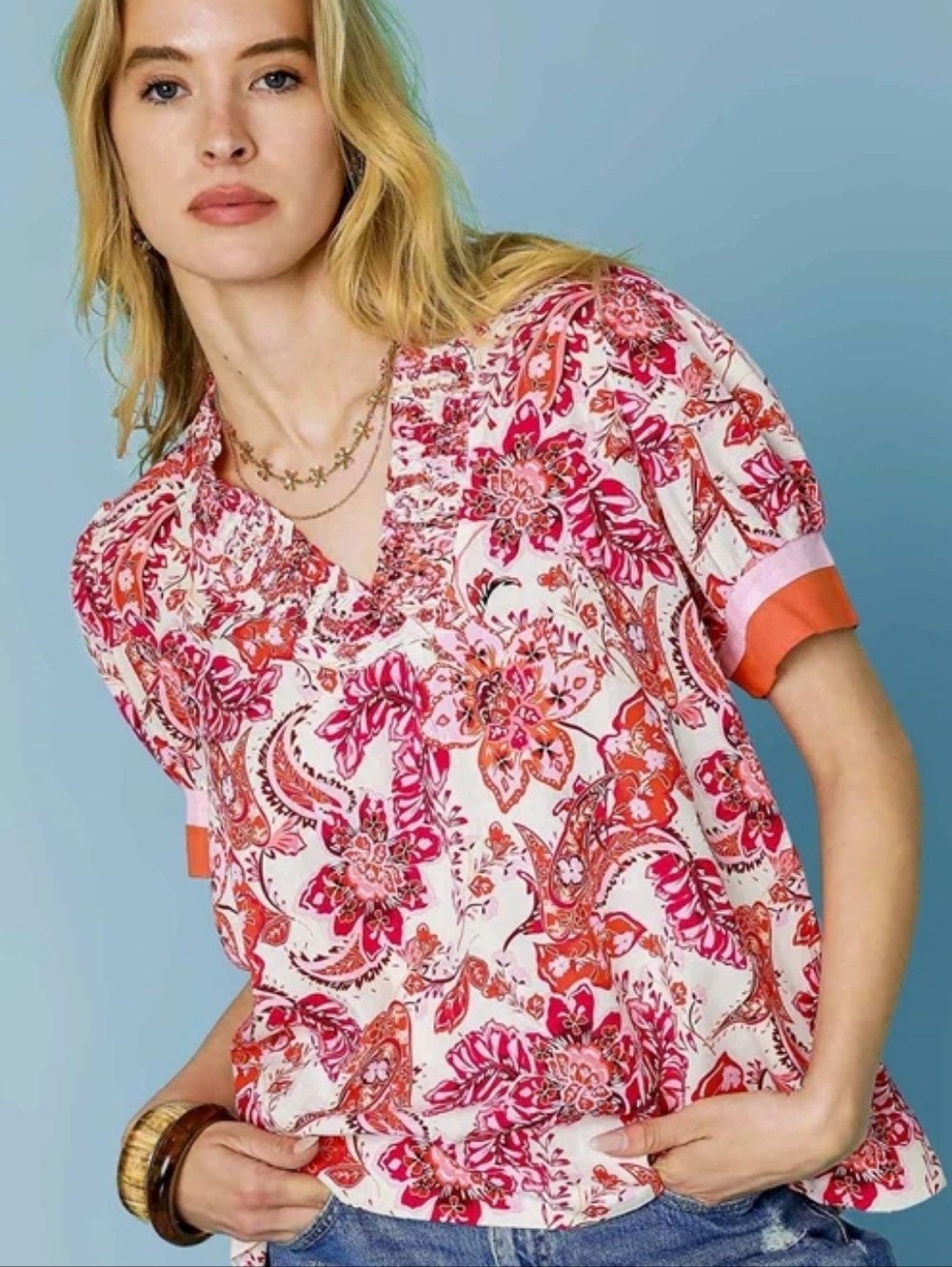 Umgee Floral And Paisley Print Pull- On Blouse Top Pink Mix Boho Size Large